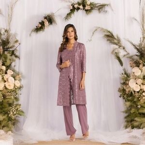 R&M Richards Donna Metallic Lace 3 Piece Pants Set Dark Rose Size 8
